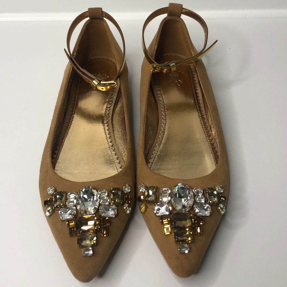 Sanchita Light Brown Suede Jewel Flats